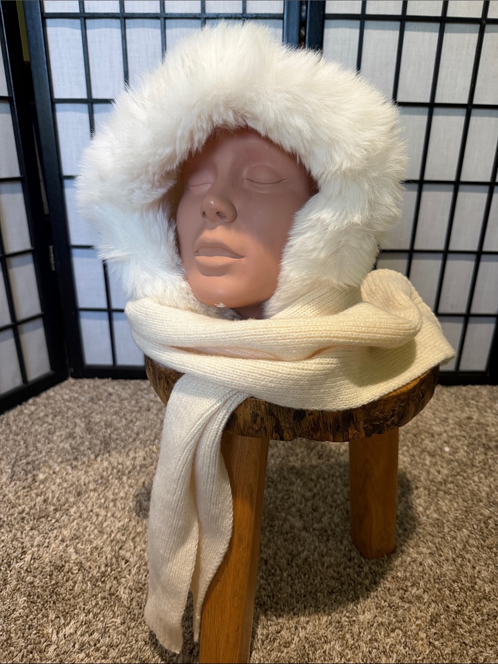 Anthropologie Cream Faux Fur-Trim Knit Hood with Scarf NEW Cozy Fall
